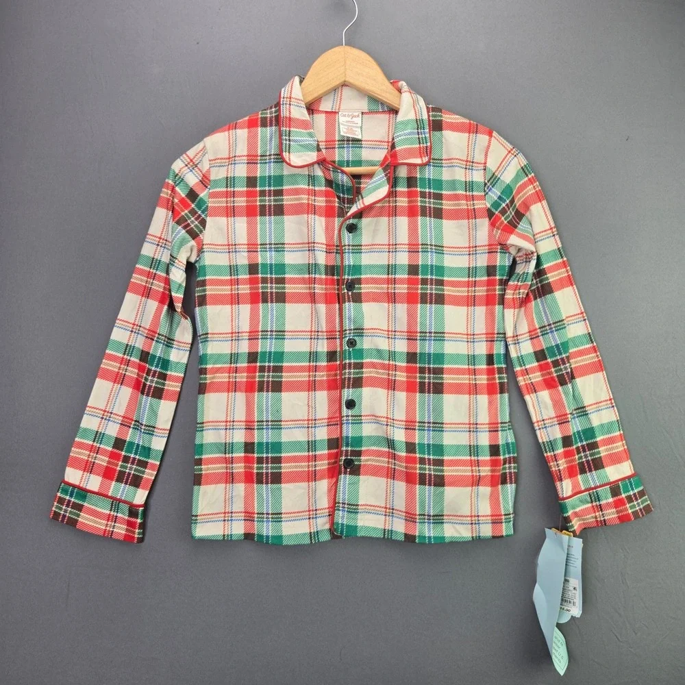 Cat & Jack Pajama Top Boys Size M 8 Cream Plaid Button Up Long Sleeve NWT